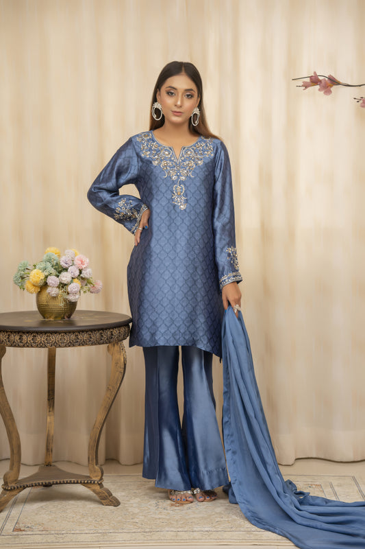 Azm Blue Co Ords Set consisting of 2 PCS, add-on of Dupatta available