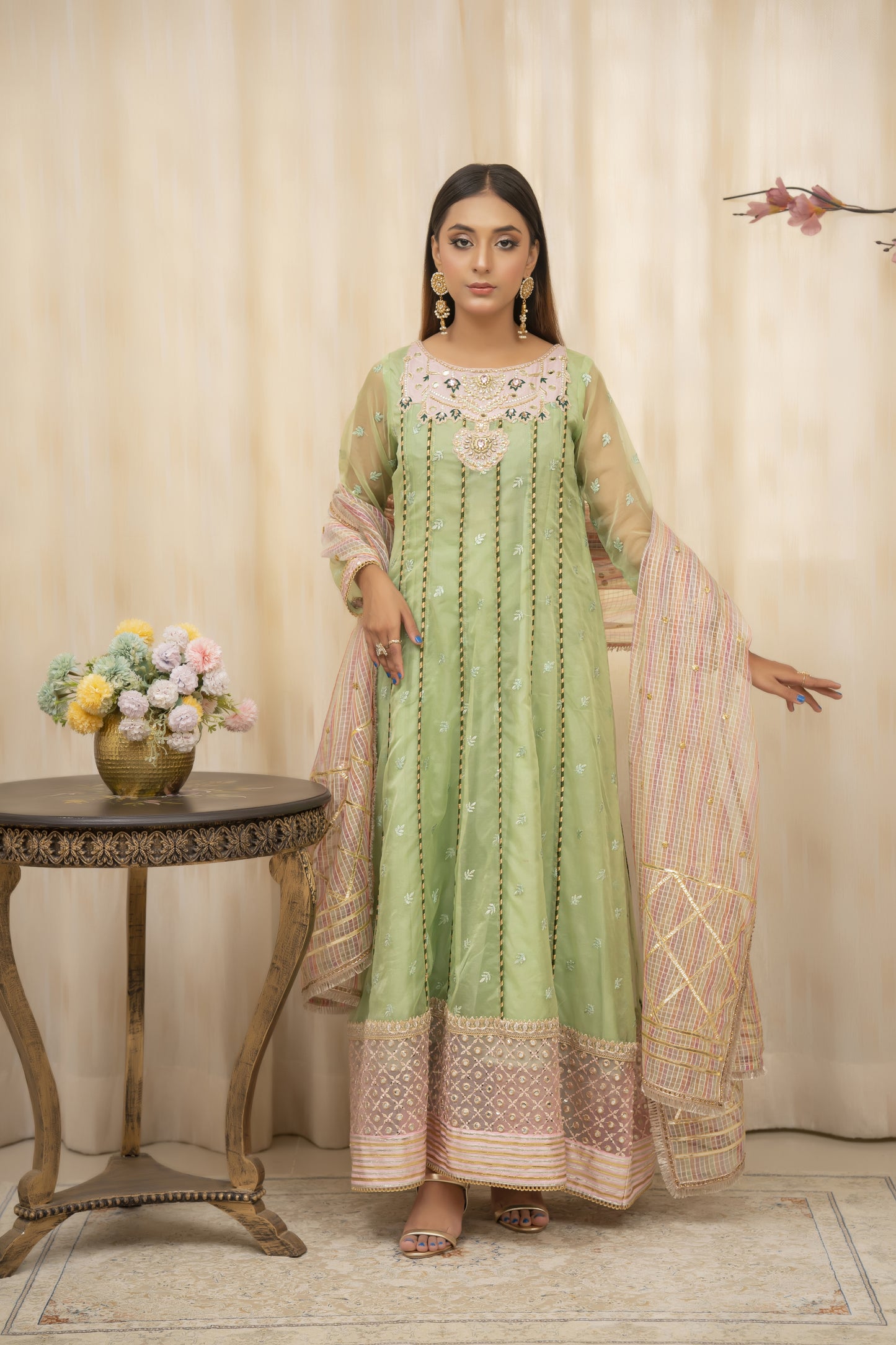 ZYRA - Sage Green Long Dress - 2 PCS