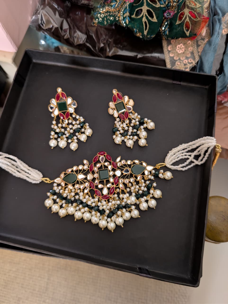 Emerald and Ruby Kundan Pearl Set