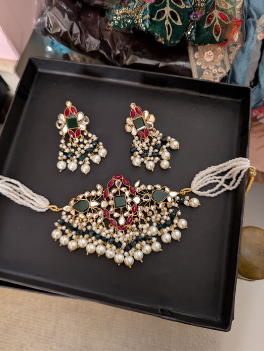 Emerald and Ruby Kundan Pearl Set