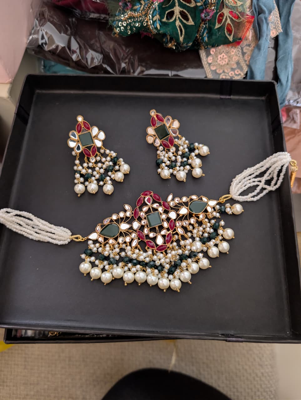 Emerald and Ruby Kundan Pearl Set