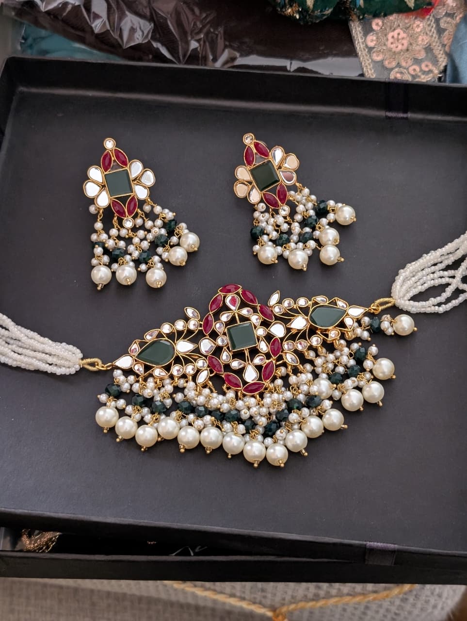 Emerald and Ruby Kundan Pearl Set
